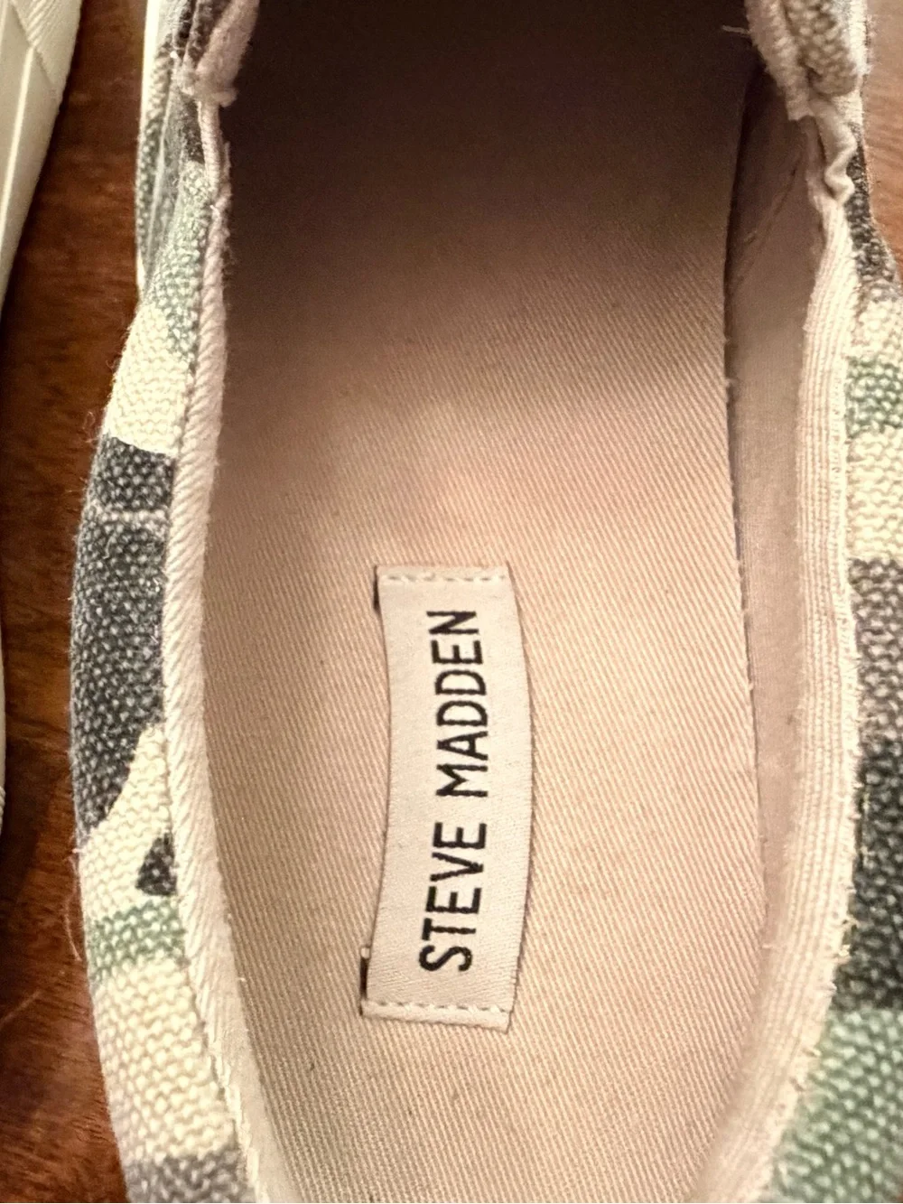 Steve Madden Green and Tan Camo Slip-On Sneakers